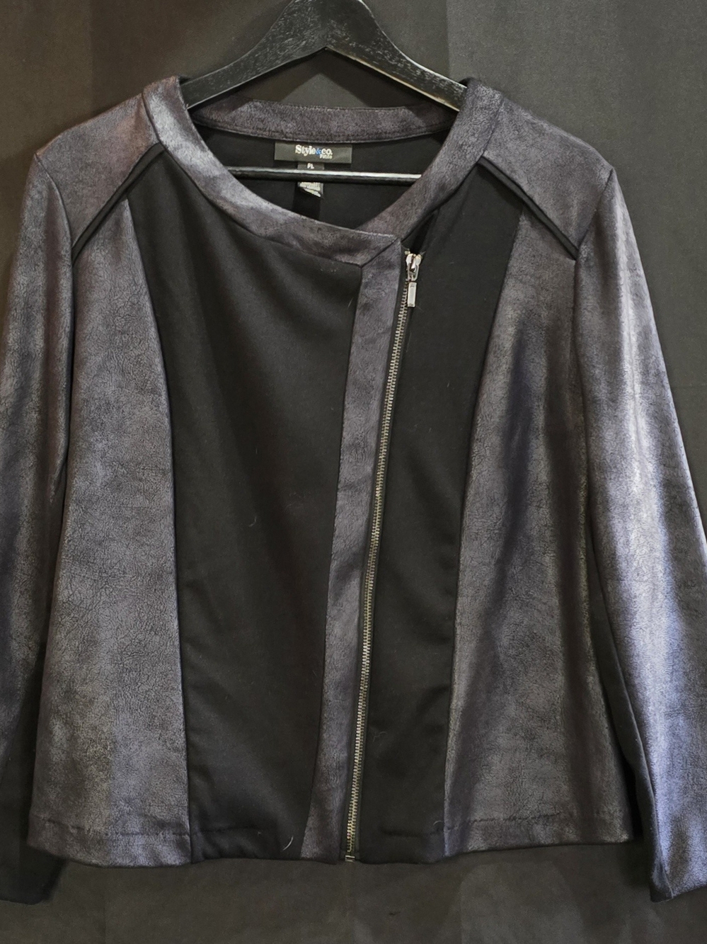 Style & Co. Black and Metallic Gray Asymmetrical Zip Moto Jacket